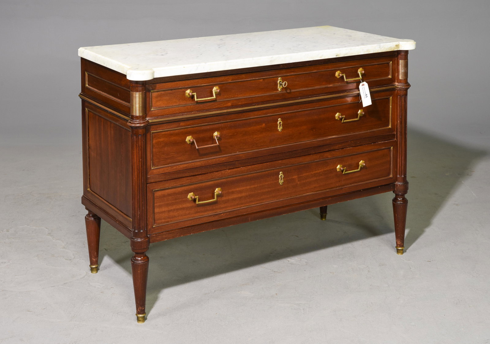 Louis XVI Style White Marble Top Chest: French Louis XVI Style White Marble Top Mahogany Chest / Commode - 32 in tall x 44 x 20