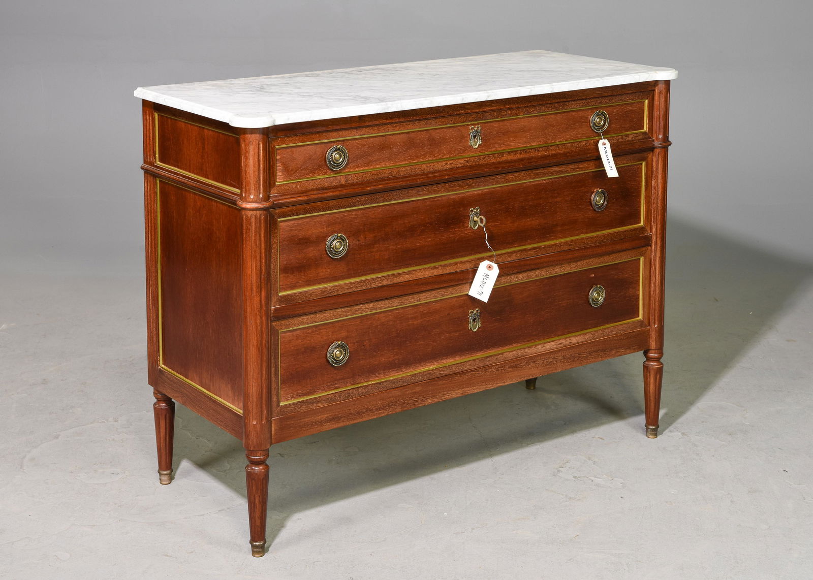 Louis XVI Style White Marble Top Chest: French Louis XVI Style White Marble Top Chest / Commode - 34 in tall x 45 x 19