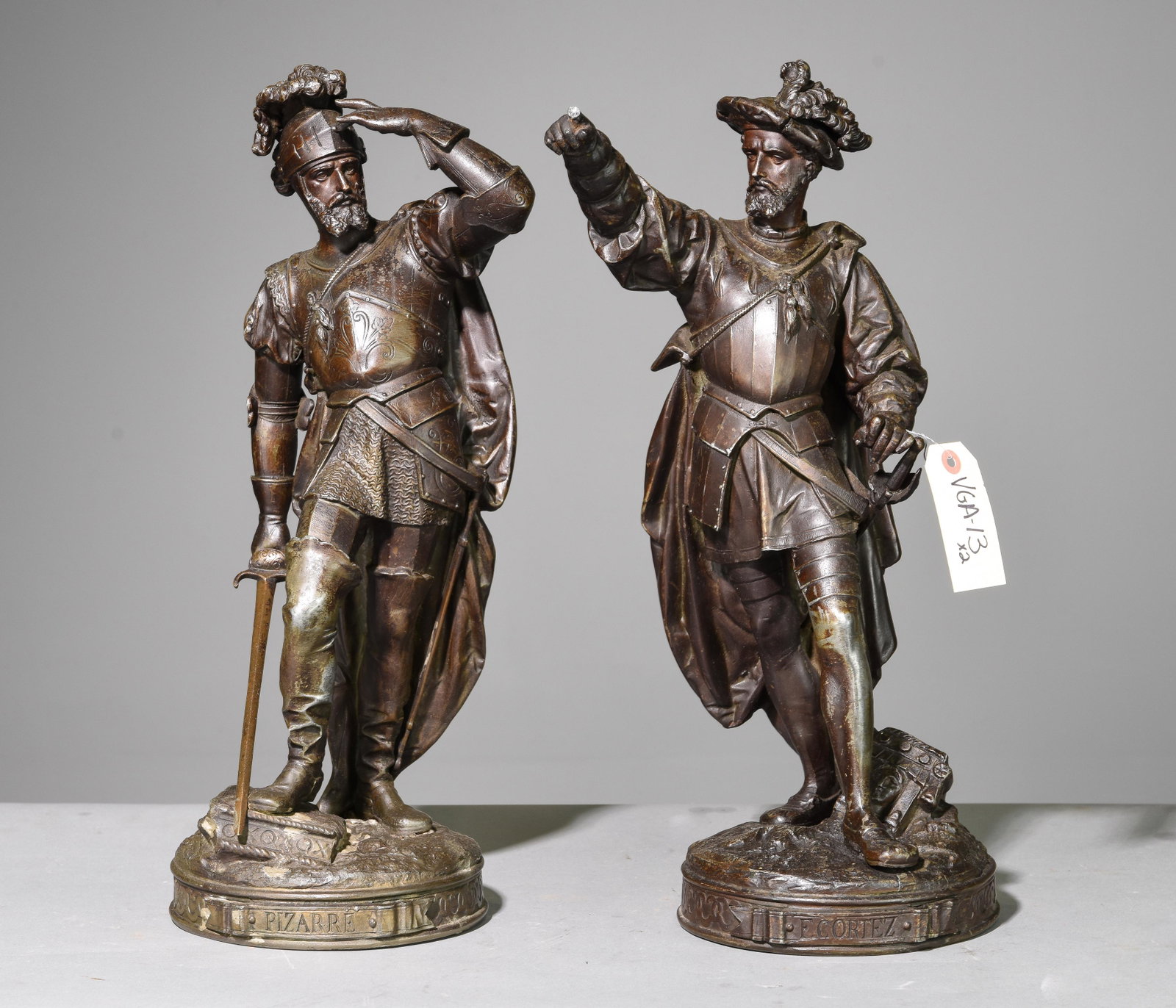 2 Renaissance Style Bronze Soldiers: 2 Renaissance Style Bronze Soldiers - Pizarro & F. Cortez - 20 in tall x 10 x 8 and 20 in tall x 9 x 8