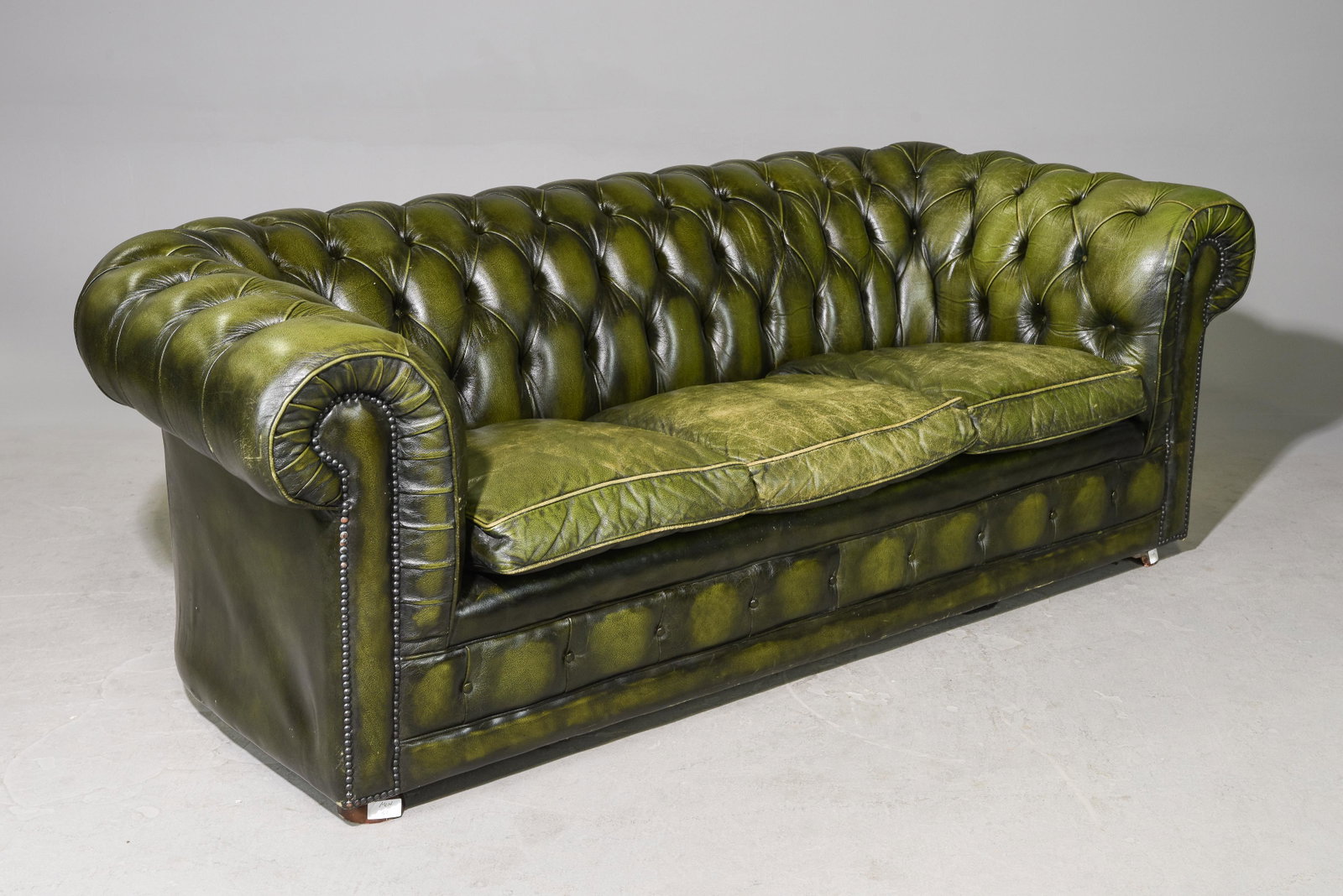 British Green Leather Chesterfield 3 Seater Sofa: British Green Leather Button Tufted Chesterfield 3 Seater Sofa - 29 in tall x 82 x 38, Seat height is 19 inches and the seating area width is 55 inches
