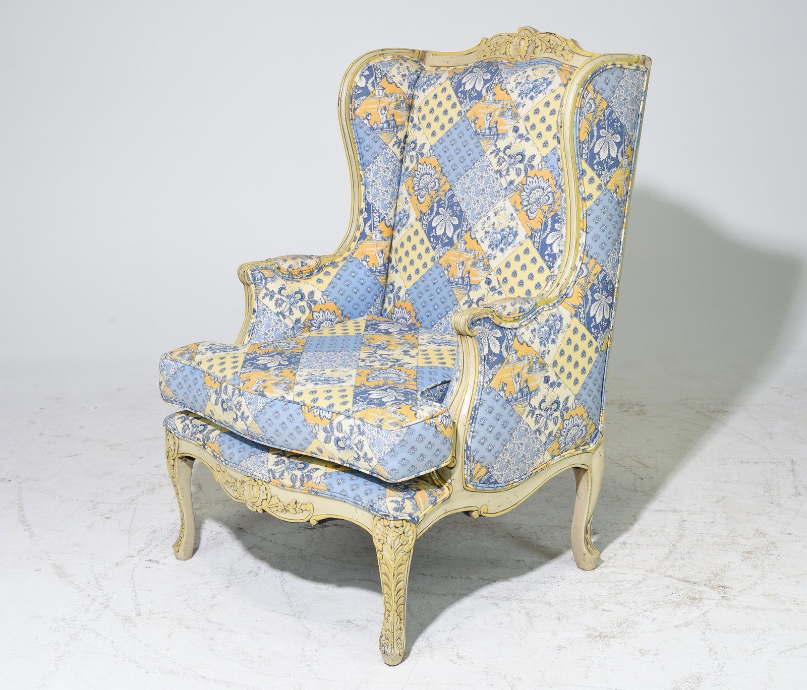 Louis XV Style Wing Back Arm Chair: French Louis XV Style Wing Back Arm Chair - 45.5 in tall x 32 x 29.5, Seat height is 18 inches
