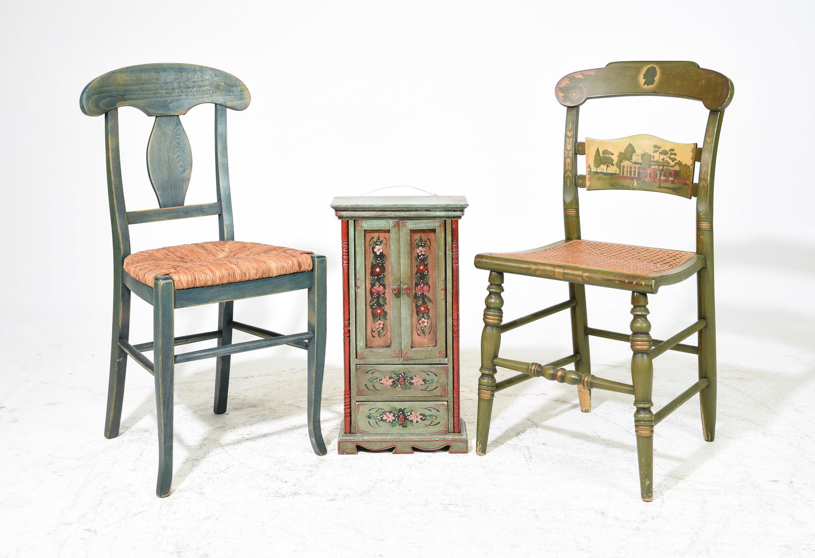 2 Painted Ratan / Cane Seat Chairs & Wall Cabinet (1 of 5)