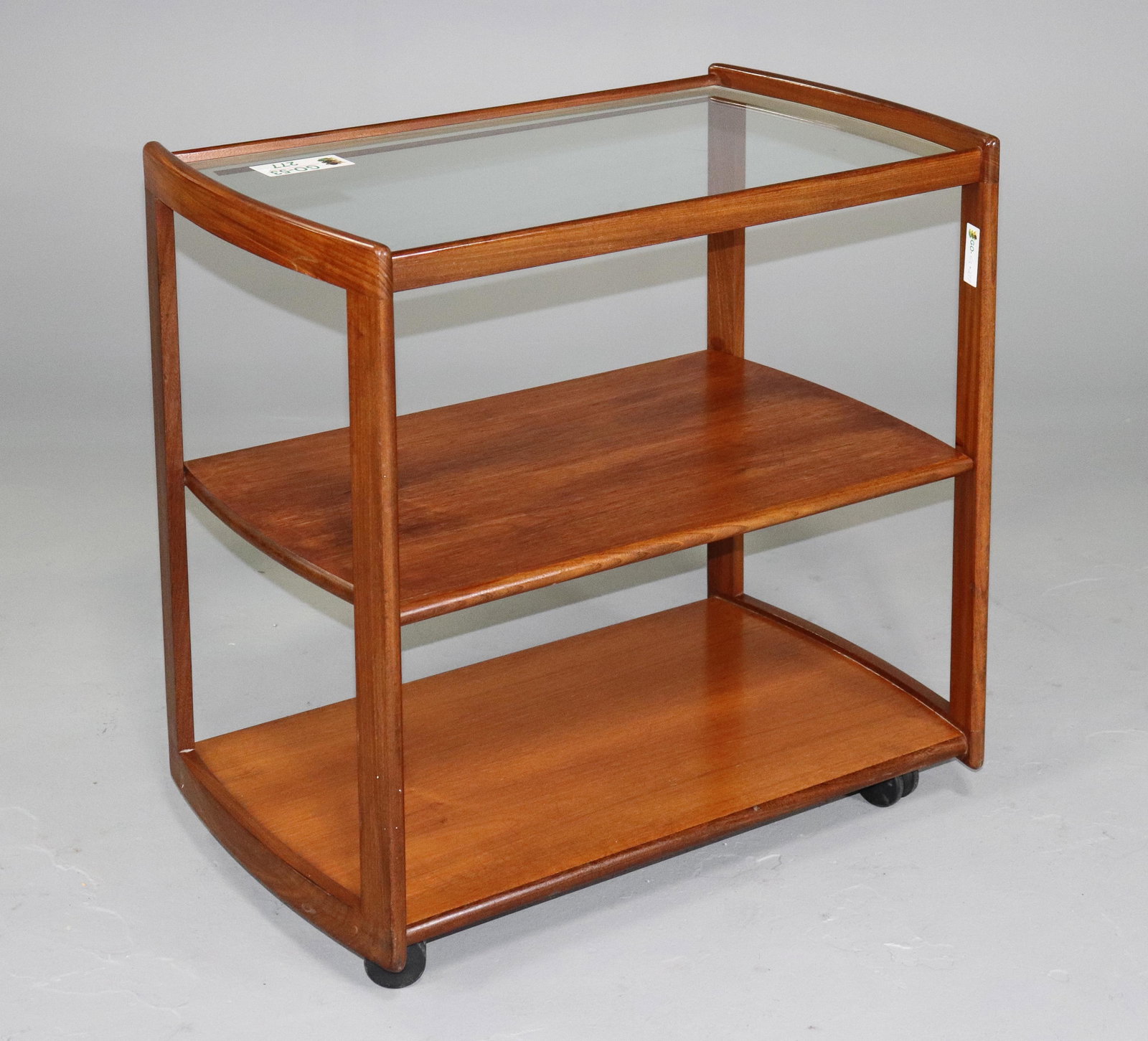Mid Century Modern 3 Tier Trolley / Bar Cart - Gplan: Danish Modern Style Glass Top 3 Tier Trolley / Bar Cart by Gplan - 31 in tall x 31 x 20