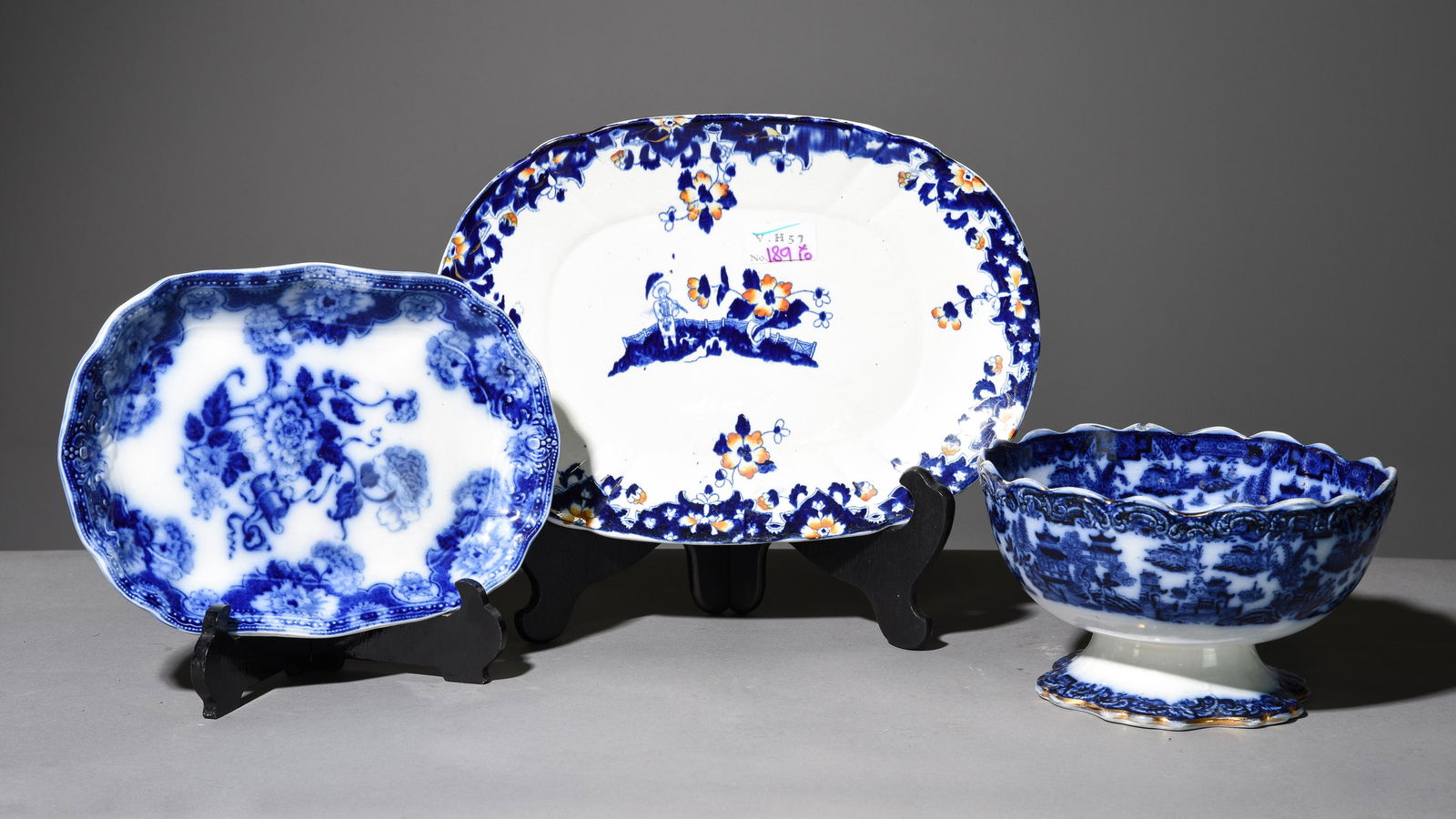 3pcs Flo Blue / Blue & White China: 3pcs Flo Blue / Blue & White China - Largest platter is 2 in tall x 15 x 11