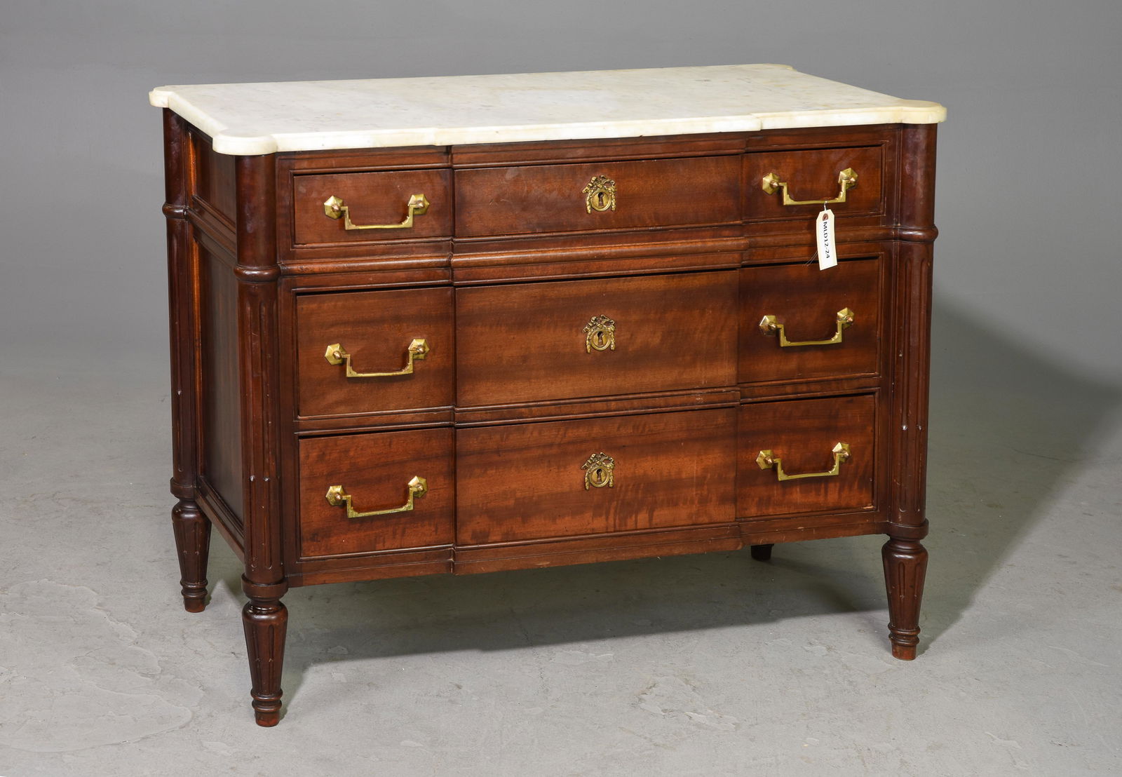Louis XVI Style White Marble Top Chest: French Louis XVI Style White Marble Top Mahogany Chest / Commode - 33 in tall x 44 x 20