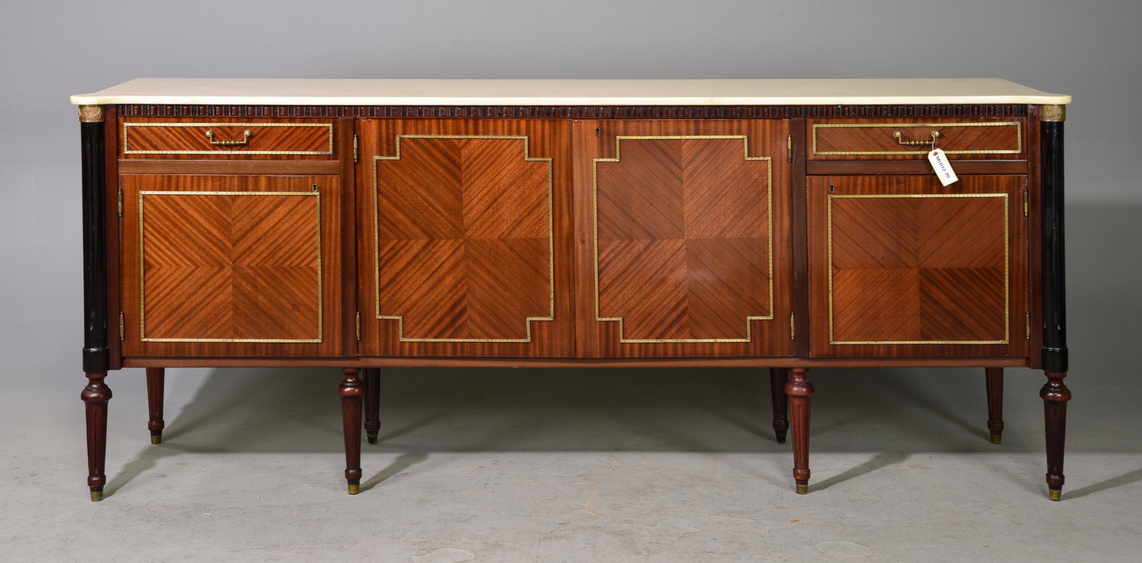 Louis XVI Style Marble Top Mahogany Sideboard: French Louis XVI Style Marble Top Mahogany Sideboard - 37 in tall x 86 x 21