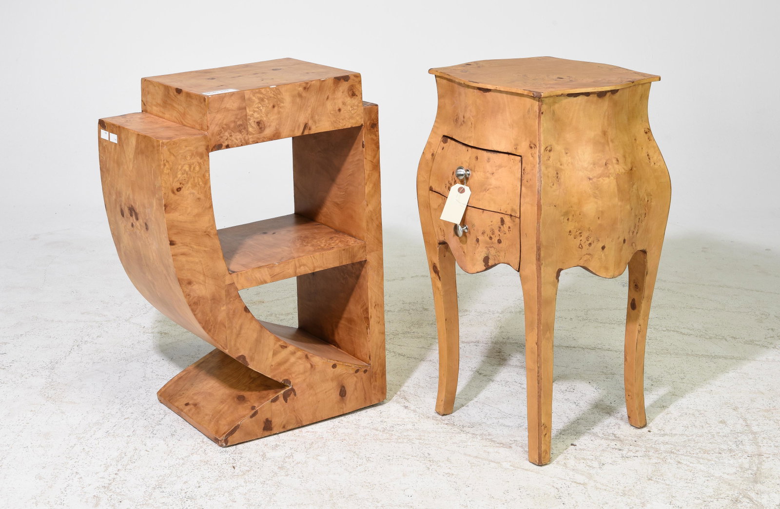 2 Burled Nightstands / Occasional Tables: 2 Burled Nightstands / Occasional Tables - 31 in tall x 16 x 16 and 30 in tall x 20 x 12
