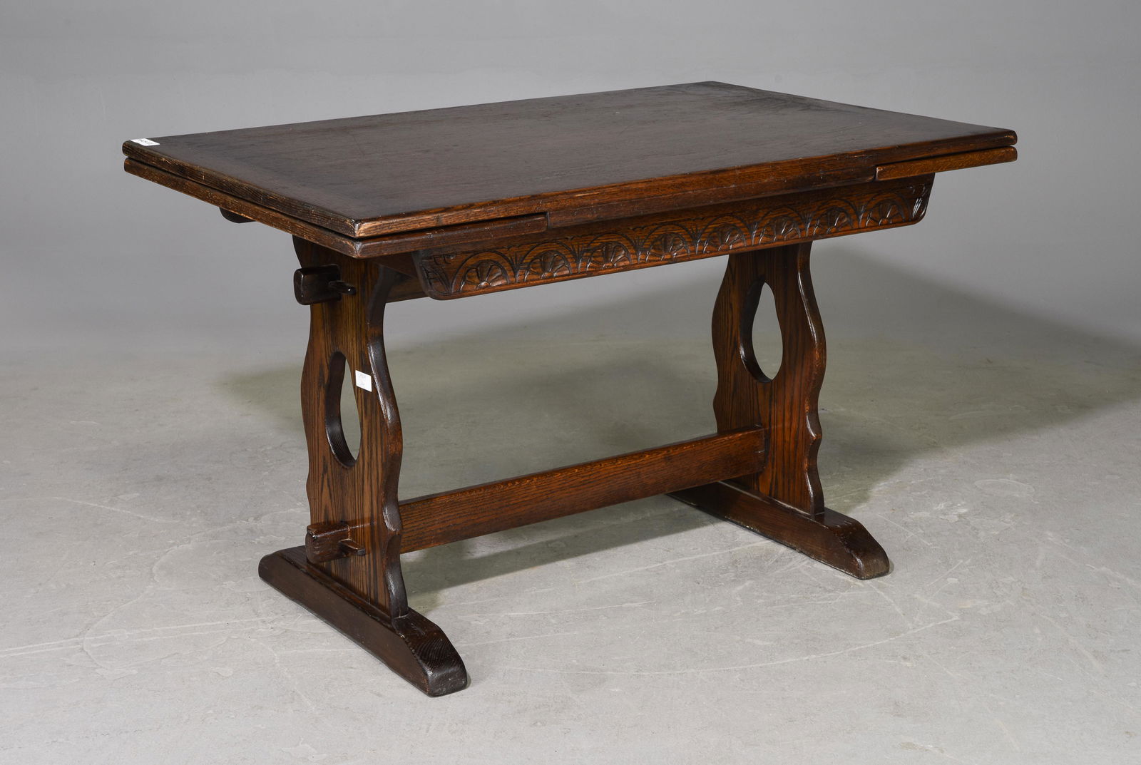 British Oak Trestle Base Draw Leaf Table (1 of 3)