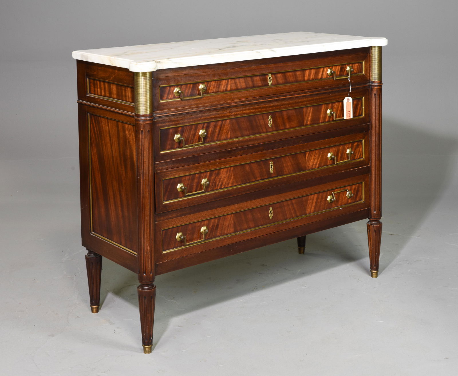 Louis XVI Style White Marble Top Chest: French Louis XVI Style White Marble Top Chest / Commode - 38 in tall x 46 x 20