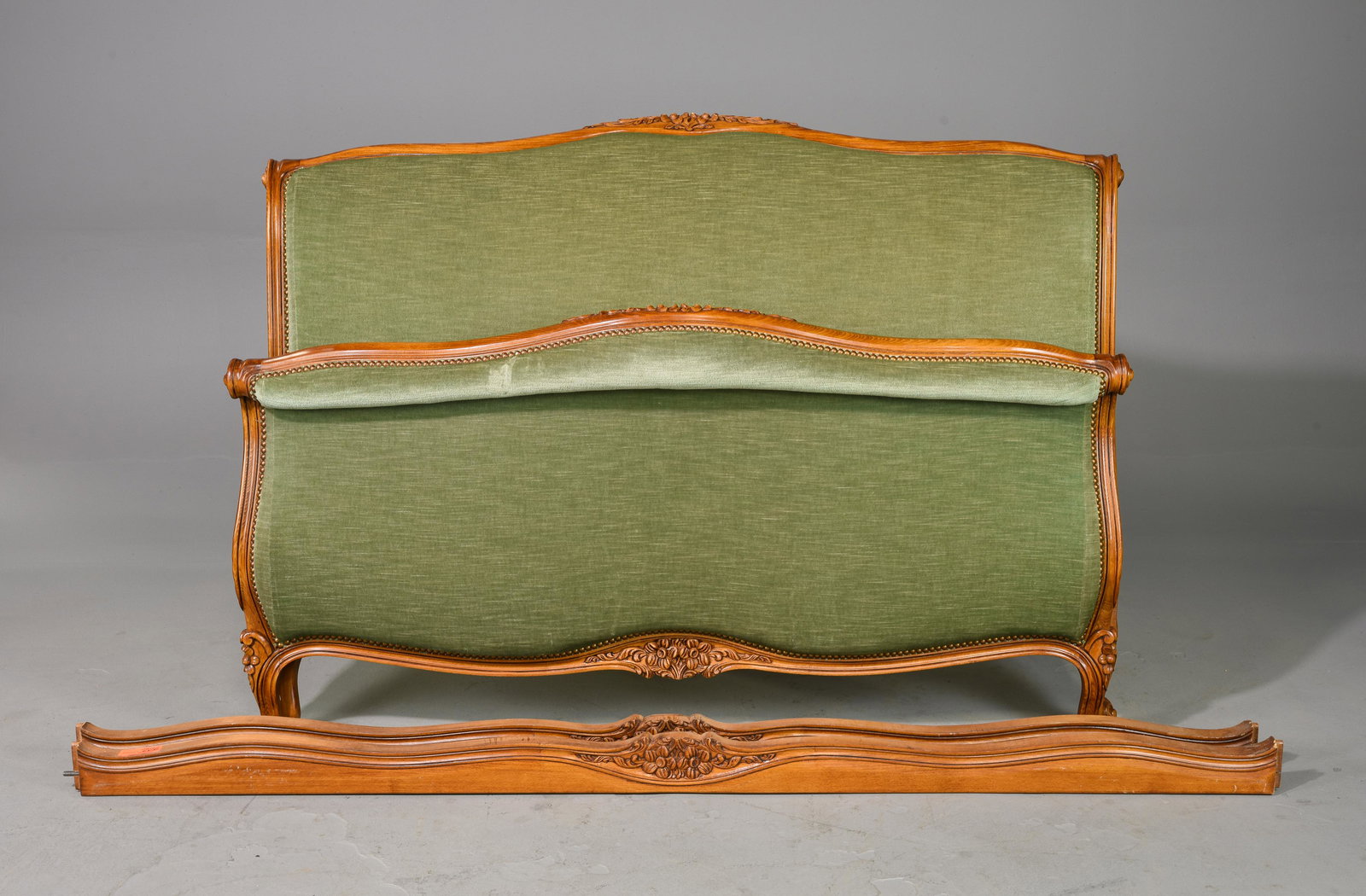 Louis XV Style Green Upholstered Bed with Rails: Louis XV Style Green Upholstered Bed with Rails - Headboard is 43 in tall x 60 x 6, Rails are 76 inches long each - This bed is a European Size which can easily be converted to an American size by rem