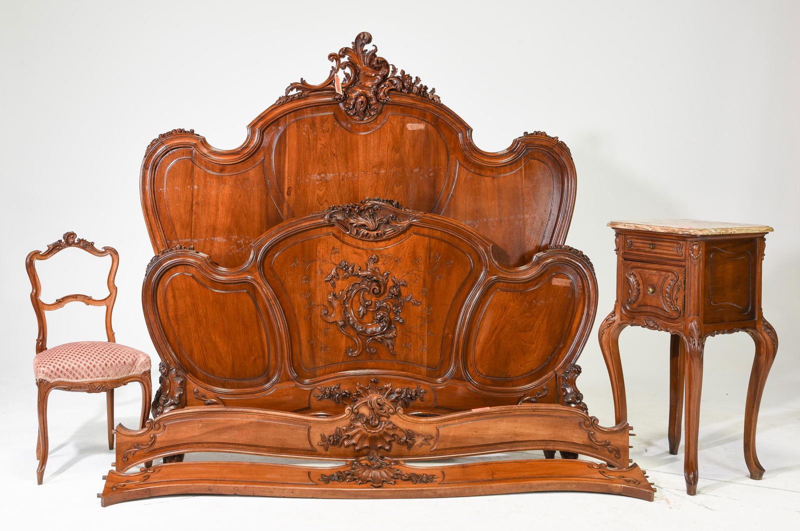 Louis XV Style Walnut Bed, Nightstand & Chair (1 of 5)