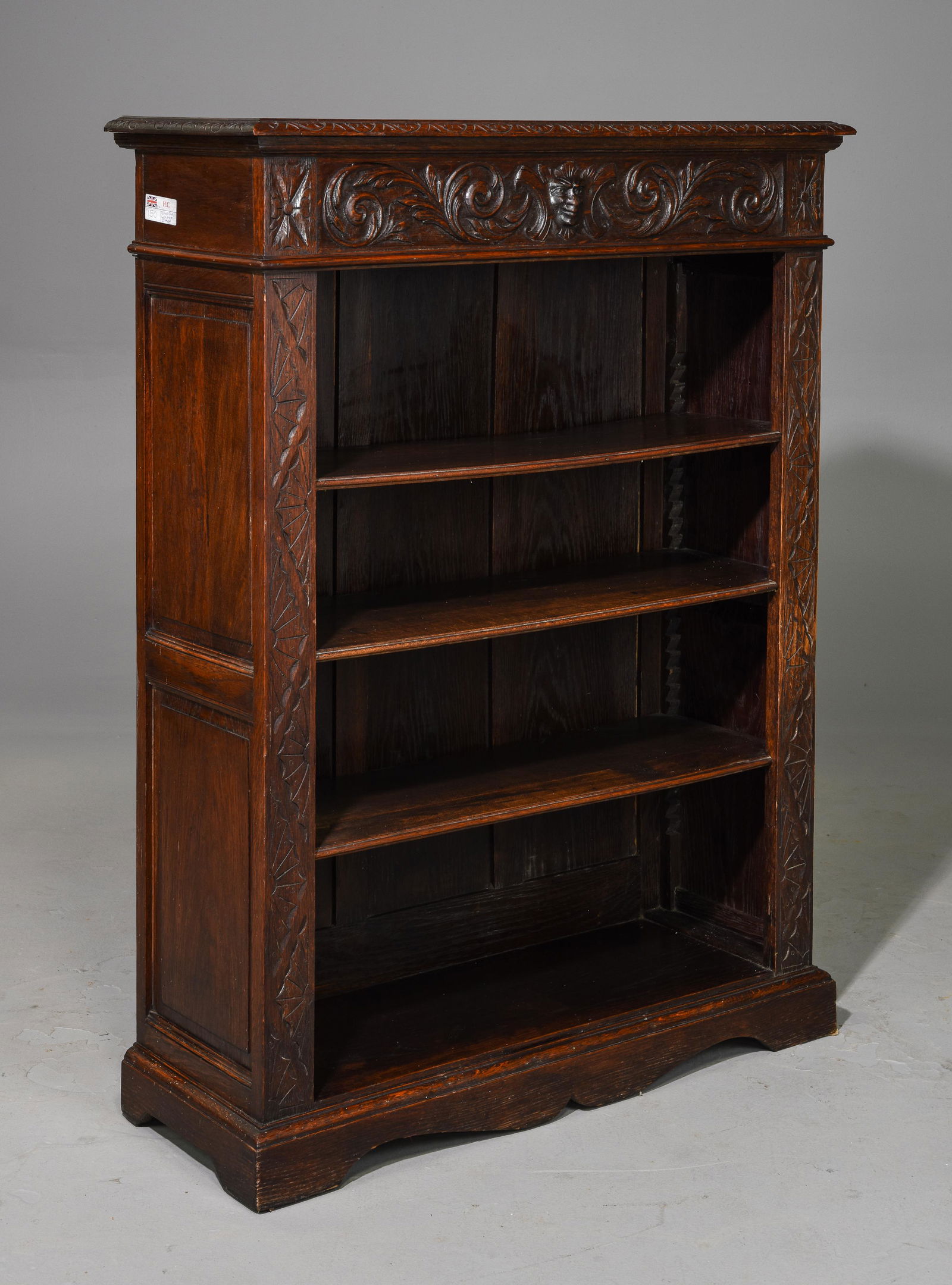 British Carved Oak Open Bookshelf with Lion Mask (1 of 4)