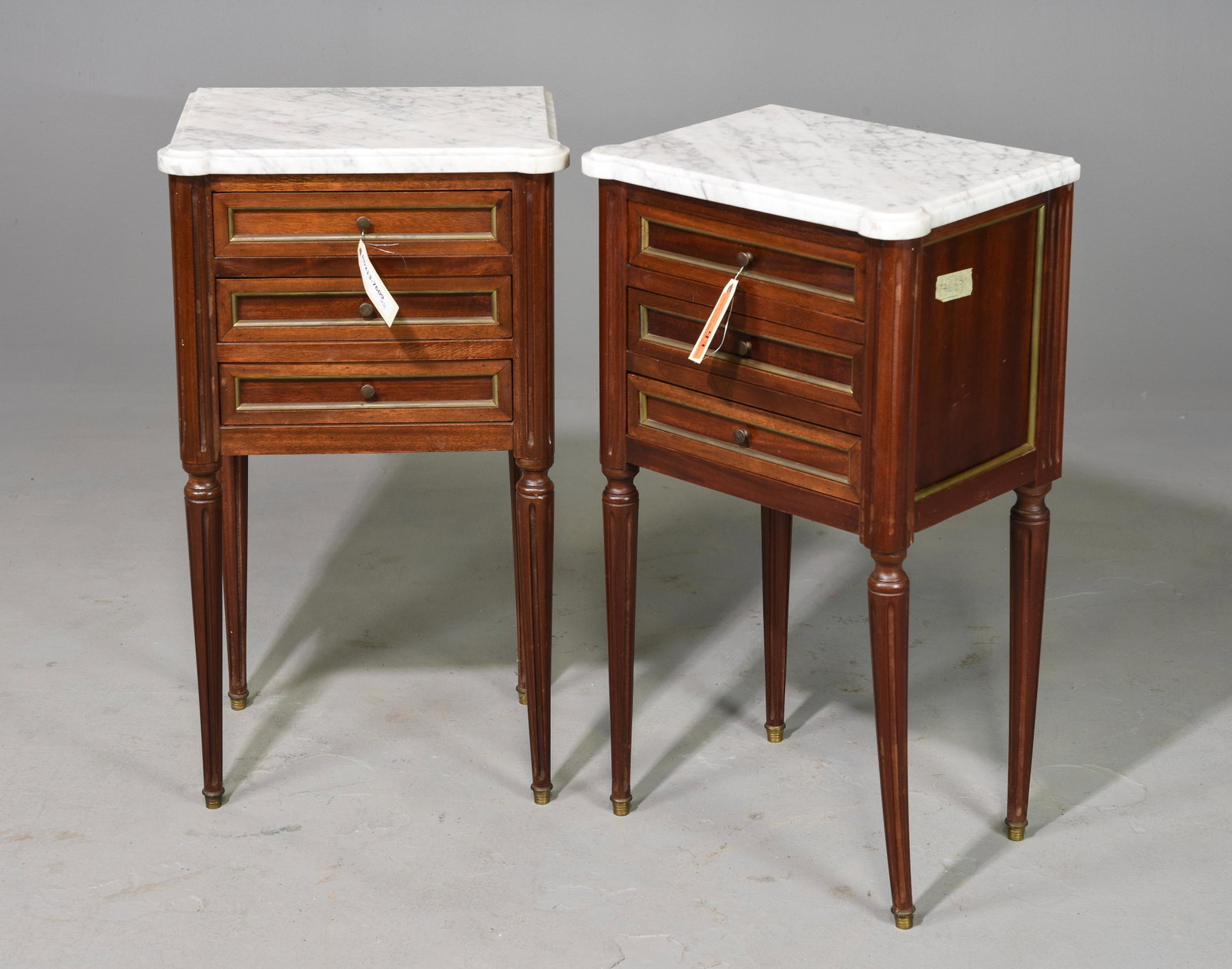 2 Louis XVI Style White Marble Top Chests: 2 French Louis XVI Style White Marble Top Mahogany Chests / Nightstands - 27.5 in tall x 15.5 x 11.5 each