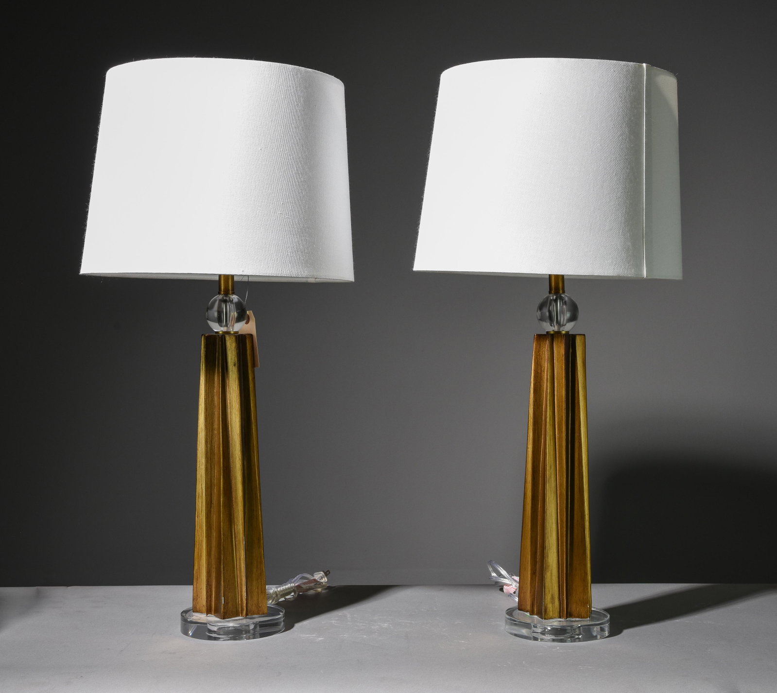 2 Gold Modern Lamps with Glass Bases: 2 Gold Modern Lamps with Glass Bases - 31 in tall x 15 inch diameter