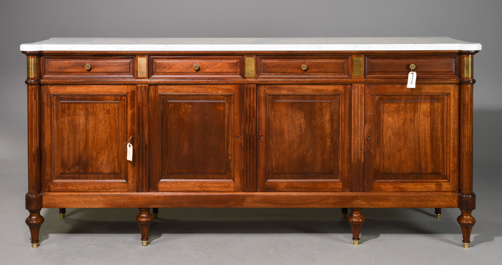 Louis XVI Style White Marble Top Sideboard: French Louis XVI Style Mahogany White Marble Top Sideboard / Enfilade c.1950's - 40 in tall x 88 x 21.5 - This is just over 7 feet long
