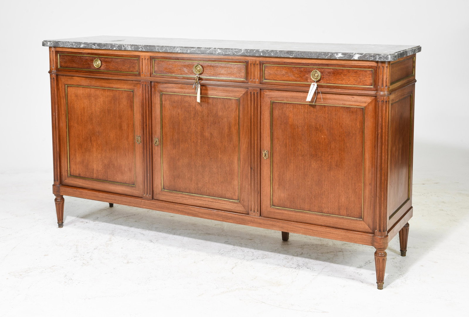 Louis XVI Style Grey Marble Top Sideboard: French Louis XVI Style Grey Marble Top Mahogany Sideboard / Enfilade c.1950's - 40 in tall x 73.5 x 20.5
