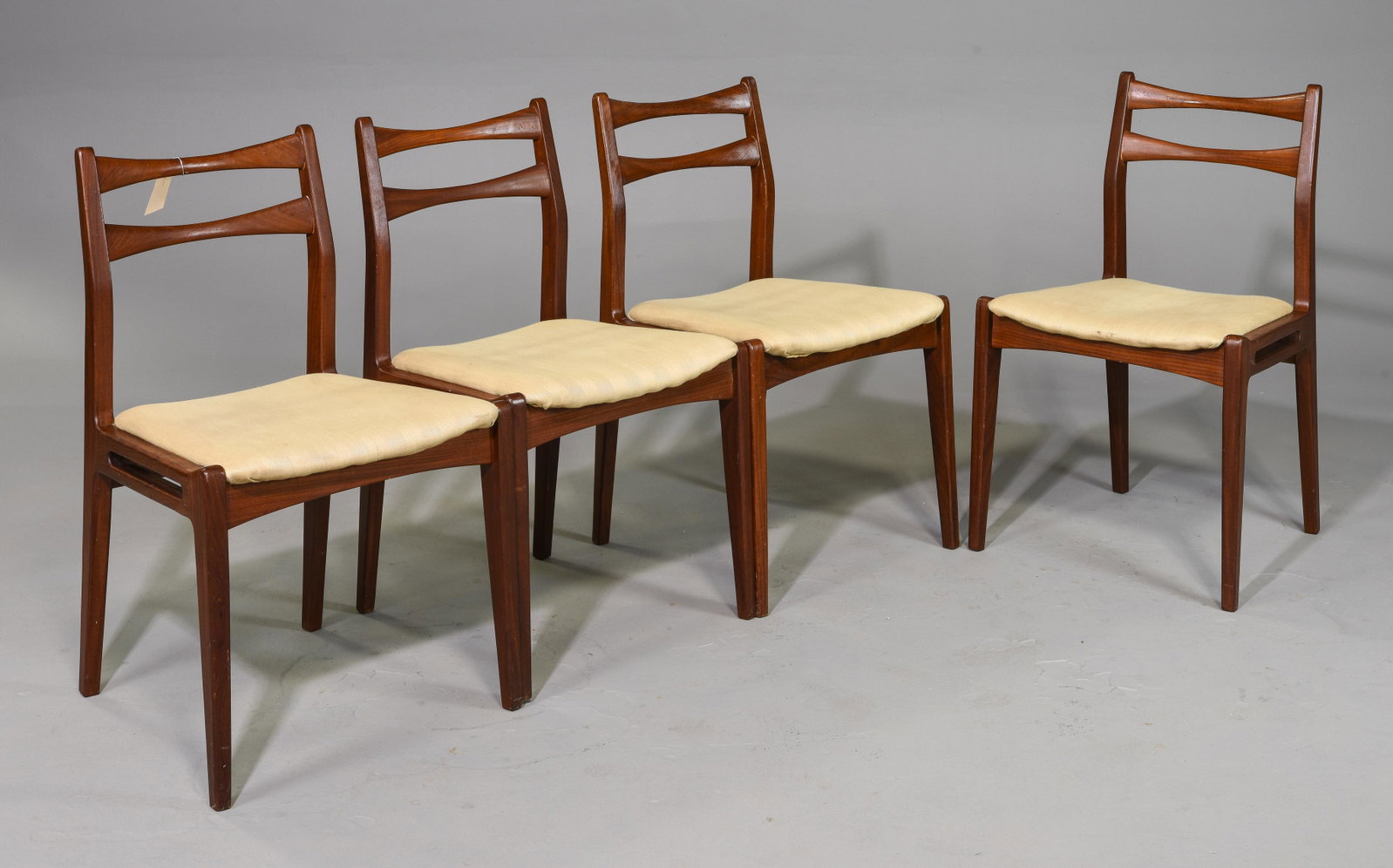 4 Mid Century Modern Bow Tie Back Chairs: 4 Danish Modern Style Teak Bow Tie Back Dining Chairs - 32 in tall x 18 x 19, Seat height is 18 inches