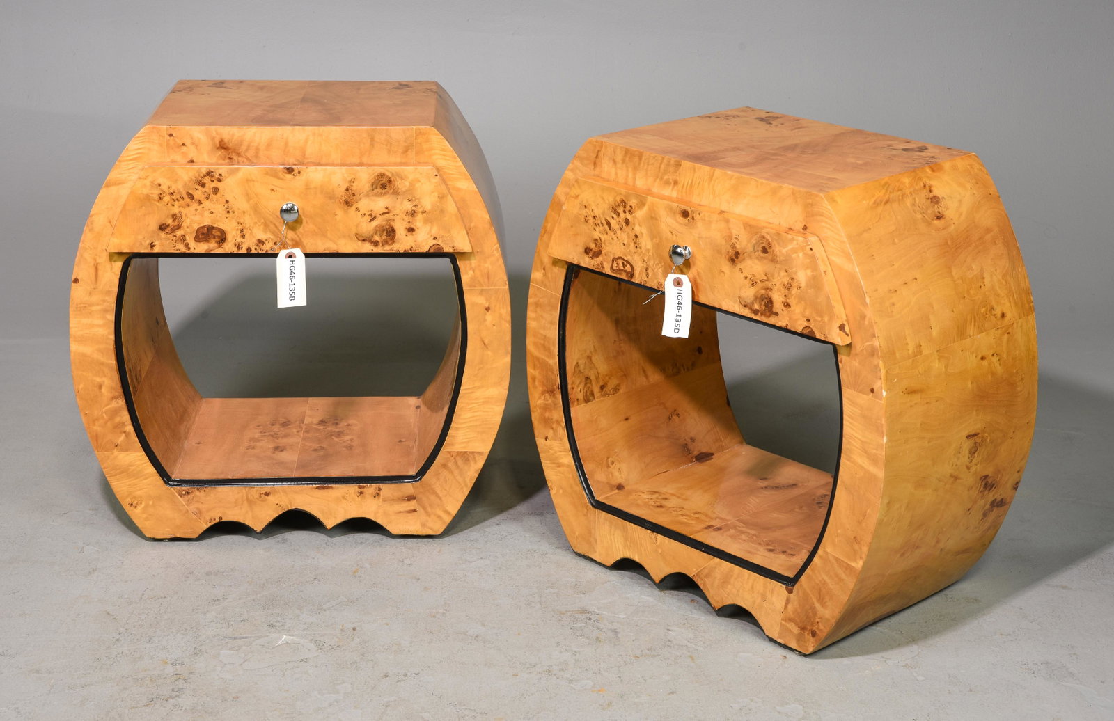 2 Art Deco Style Burled Single Drawer Nightstands: 2 Art Deco Style Burled Single Drawer Nightstands / Occasional Tables - 25 in tall x 25.5 x 16 each