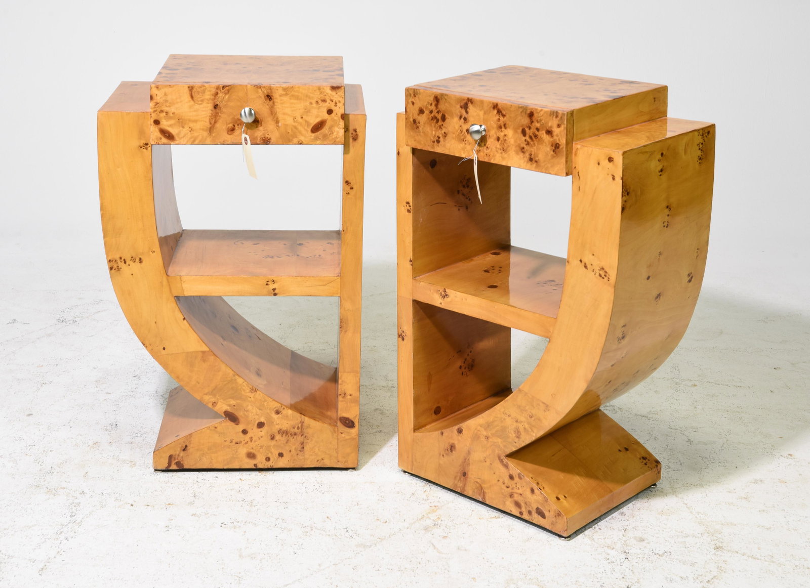 2 Art Deco Style Burled Left & Right Nightstands: 2 Art Deco Style Burled Left & Right Nightstands / Occasional Tables - 30 in tall x 19 x 13 each