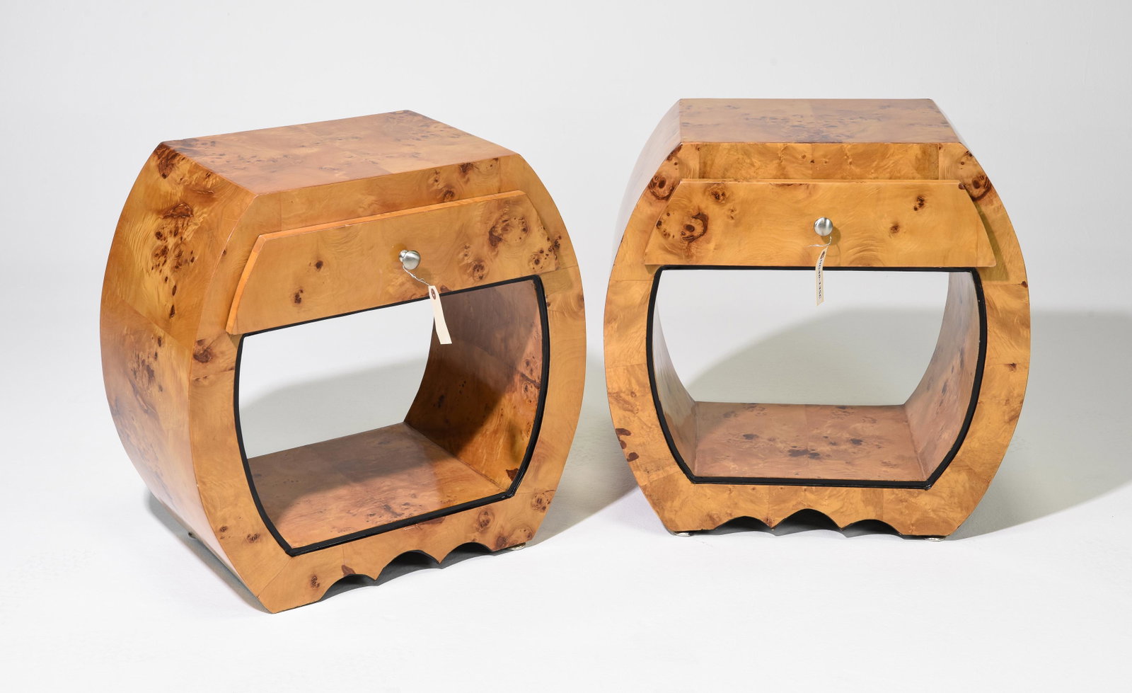 2 Art Deco Style Burled Single Drawer Nightstands: 2 Art Deco Style Burled Single Drawer Nightstands - 25 in tall x 25.5 x 16 each