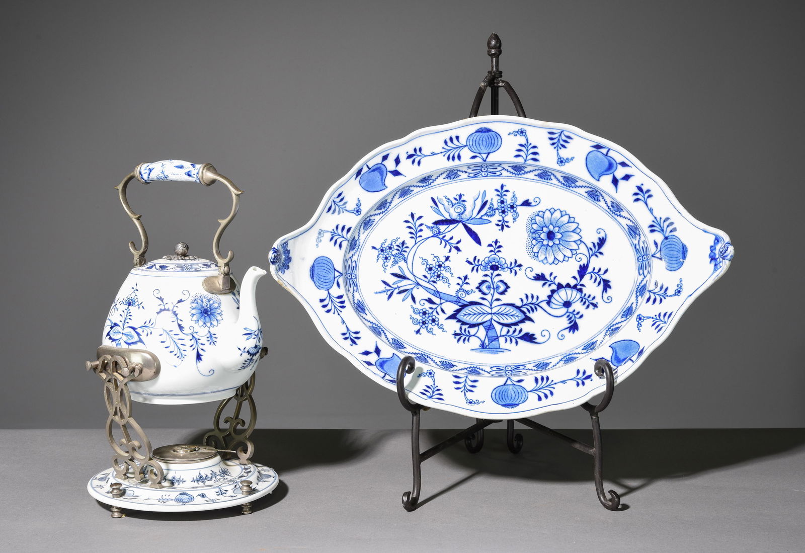 Blue & White Tea Kettle on Stand & Platter (1 of 8)