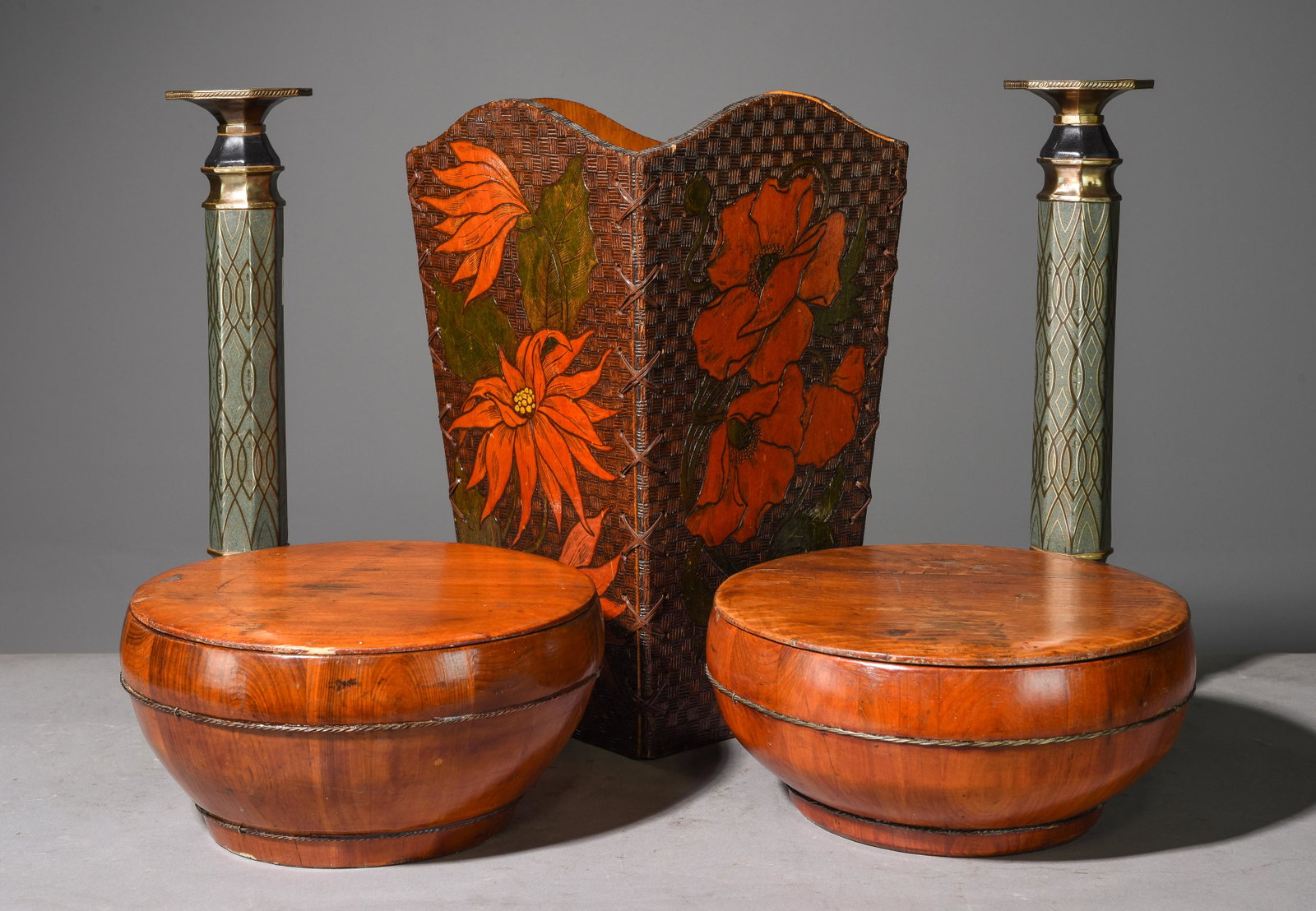 Pair of Candlesticks, 2 Wood Bowls & Bin: Pair of Candlesticks, 2 Wood Bowls with Lids & Bin - Candlesticks are 18 in tall x 6 x 6 each
