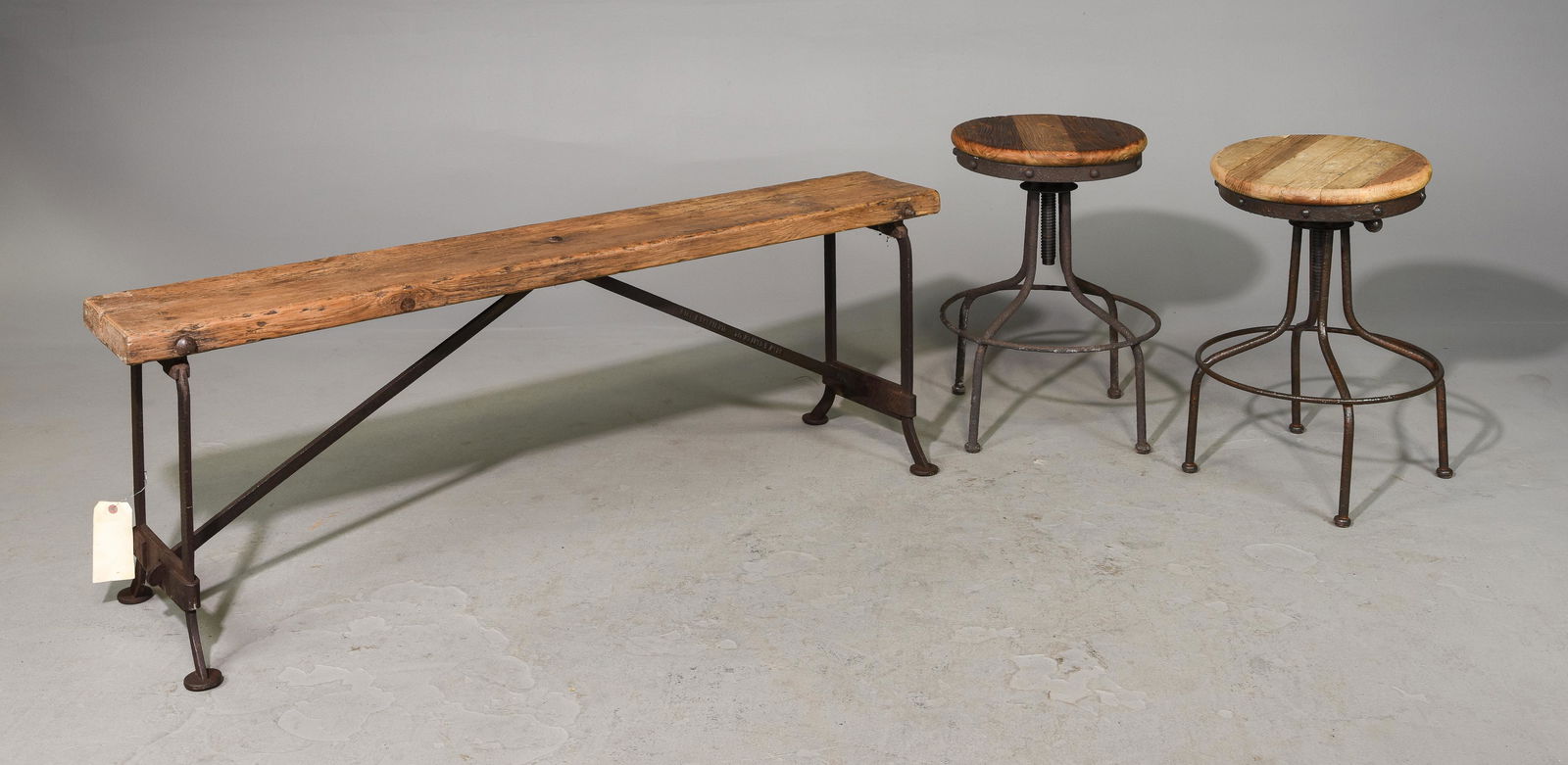 English Iron Base Rustic Bench & 2 Stools (1 of 7)