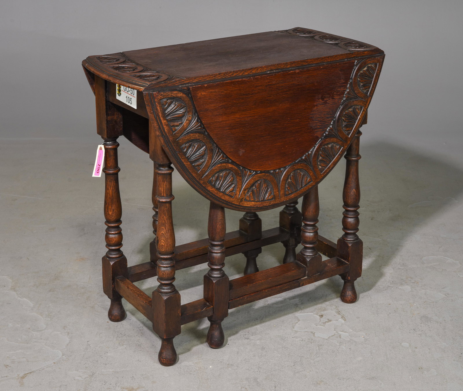 British Carved Oak Drop Leaf Table c.1920's (1 of 4)