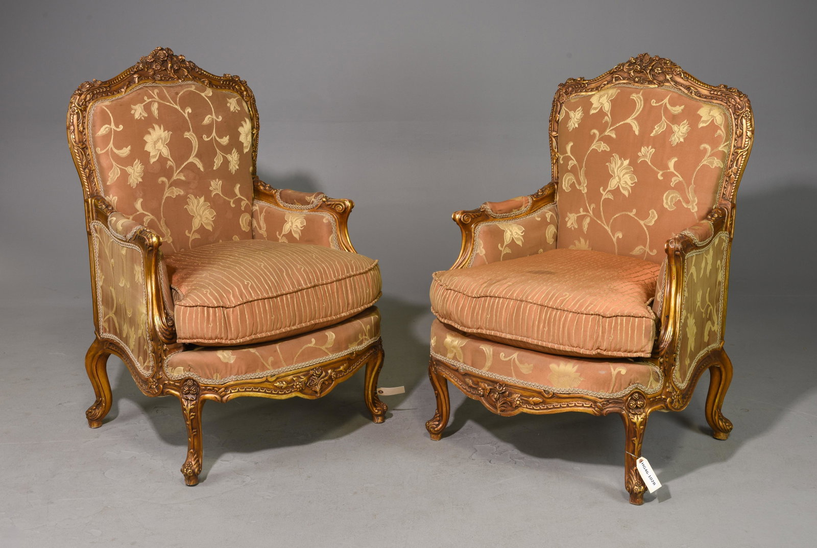 2 Louis XV Style Upholstered Arm Chairs: 2 French Louis XV Style Beige Upholstered Gold Arm Chairs - 44 in tall x 31 x 33, Seat height is 18 inches