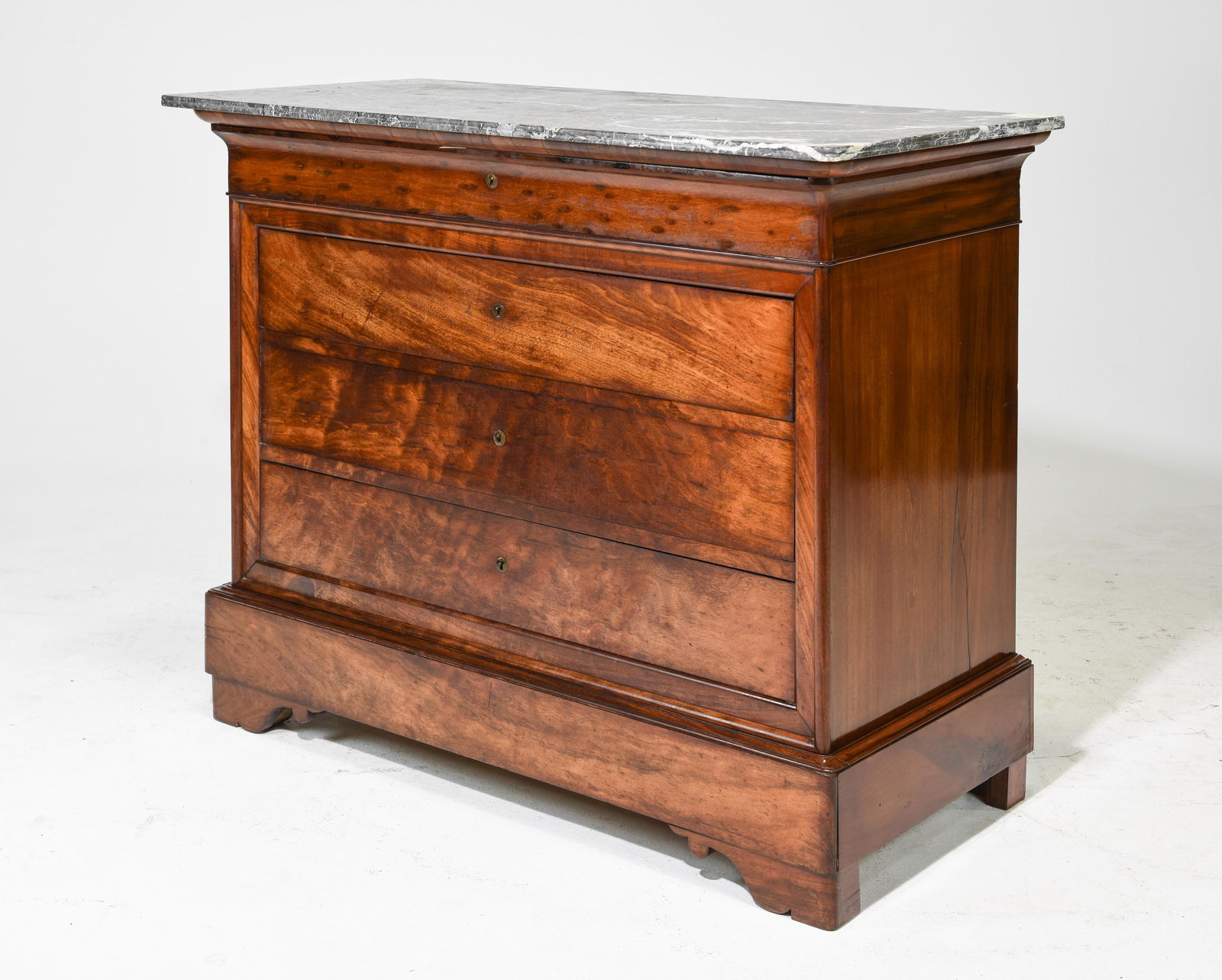 Louis Philippe Style Grey Marble Top Chest: French Louis Philippe Style Grey Marble Top Mahogany Chest / Commode - 39.5 in tall x 50 x 23