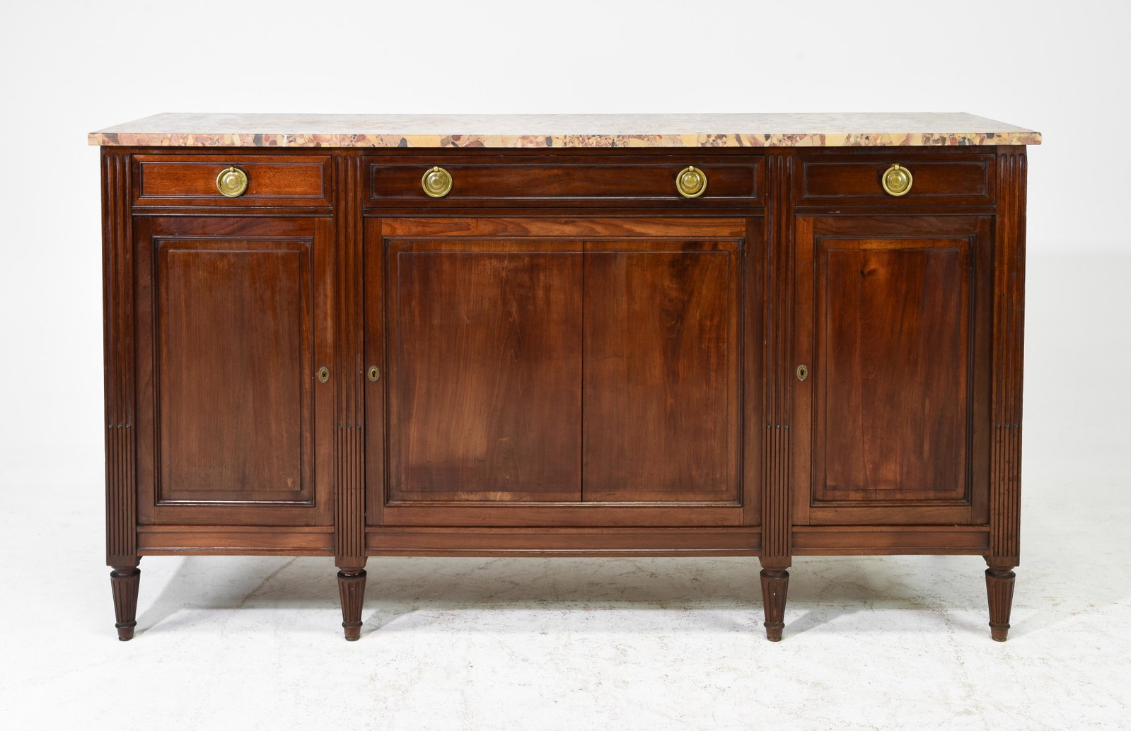 Louis XVI Style Marble Top Sideboard / Enfilade: French Louis XVI Style Marble Top Mahogany Sideboard / Enfilade - 40.5 in tall x 72.5 x 22