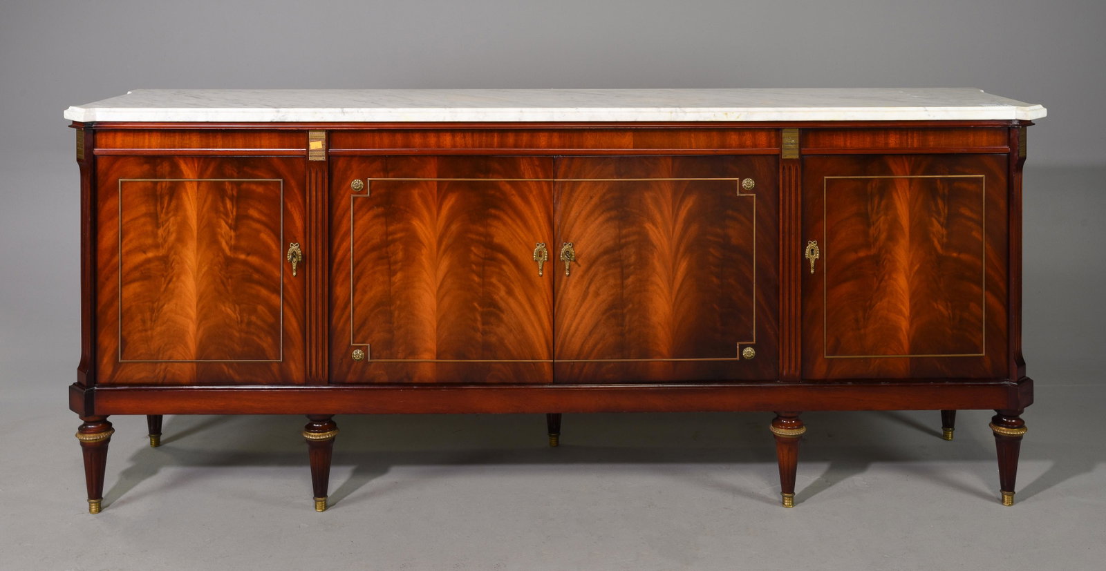 Louis XVI Style Marble Top Mahogany Sideboard #2: French Louis XVI Style Marble Top Mahogany Sideboard / Enfilade with Gilt Accents c.1950's - 39 in tall x 91 x 22