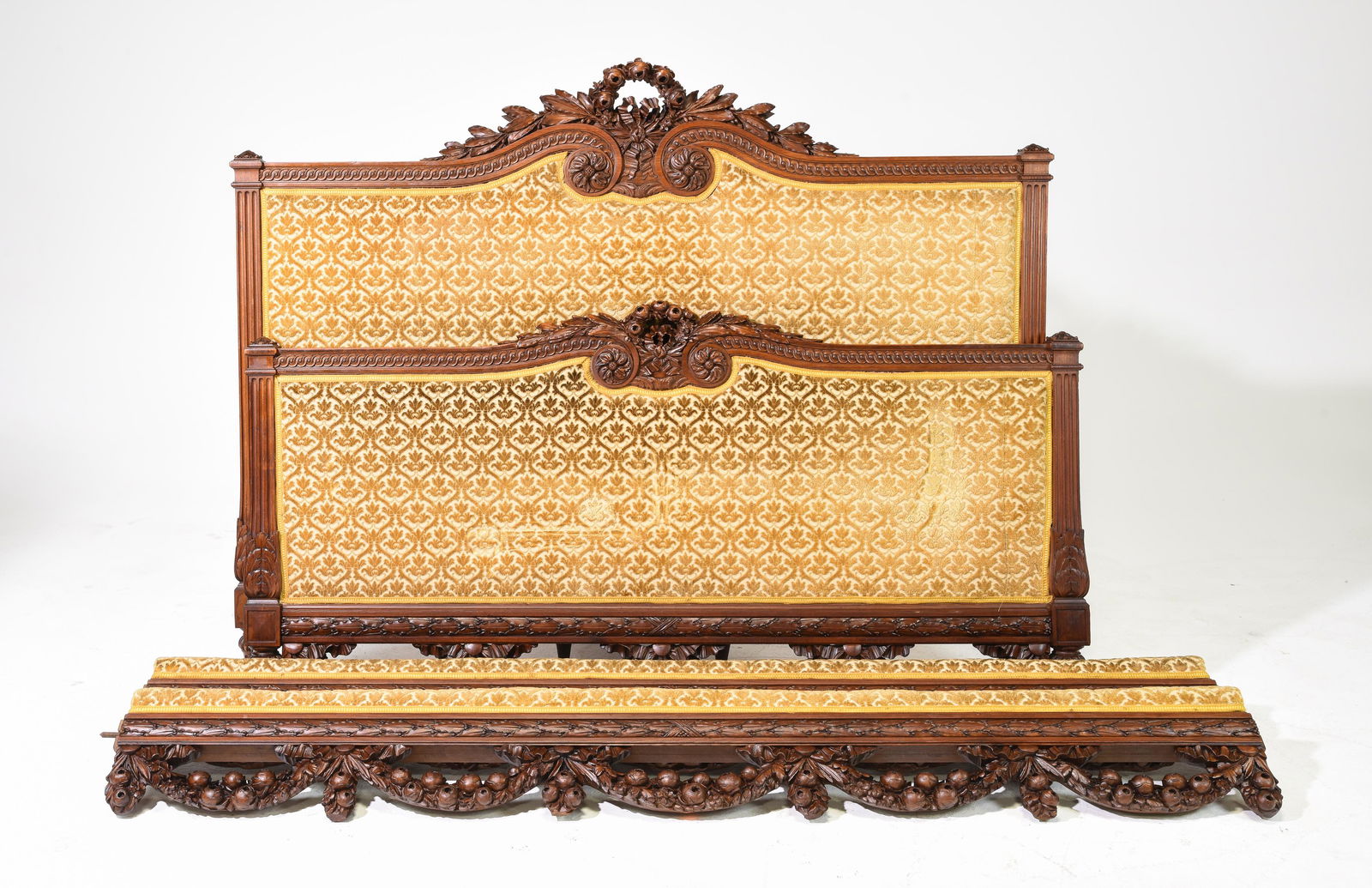 Louis XVI Style Walnut Upholstered Bed with Rails: French Louis XVI Style Finely Carved Walnut Upholstered Bed with Rails - Headboard is 49 in tall x 60 x 3.5, Rails are 78 inches long each - This bed is a European Size which can easily be converted t