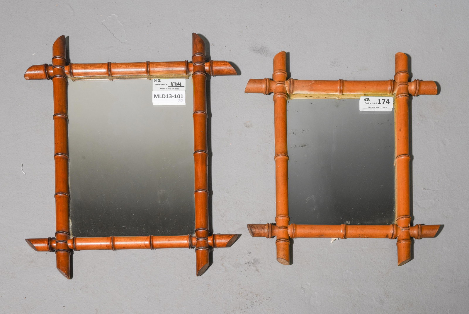 2 Faux Bamboo Small Mirrors: 2 Faux Bamboo Small Mirrors - 18 in tall x 15.5 x 1 and 20.5 in tall x 17 x 1