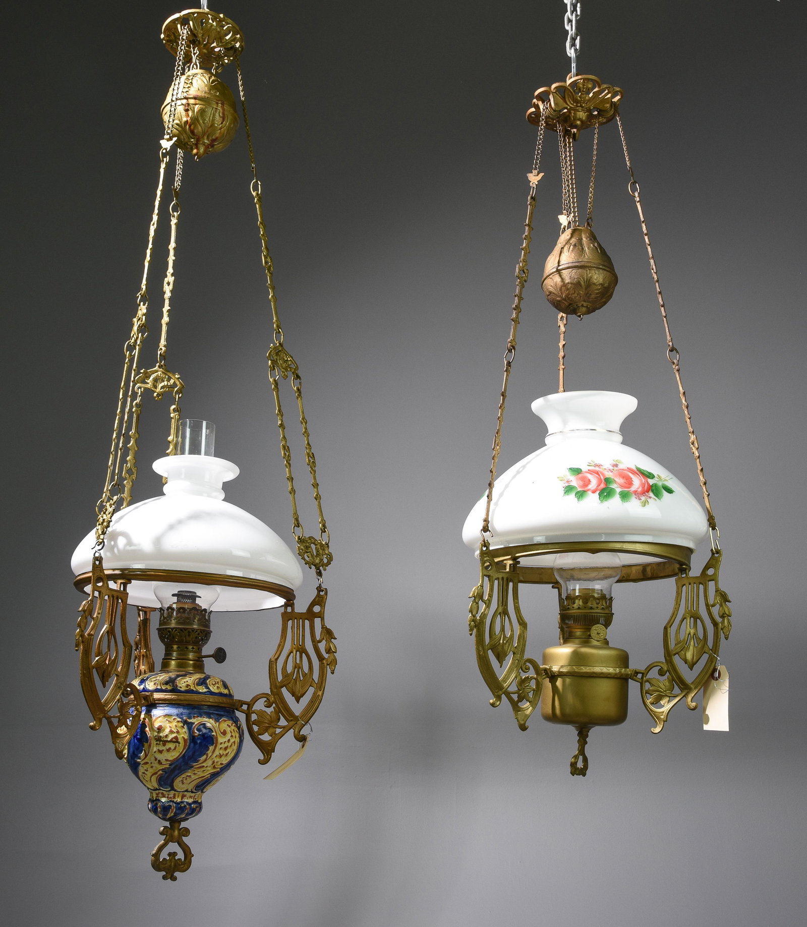 2 Danish Oil Lamp Chandeliers: 2 Danish Oil Lamp Chandeliers - 52 in tall x 14 inch diameter and 37 in tall x 14 inch diameter