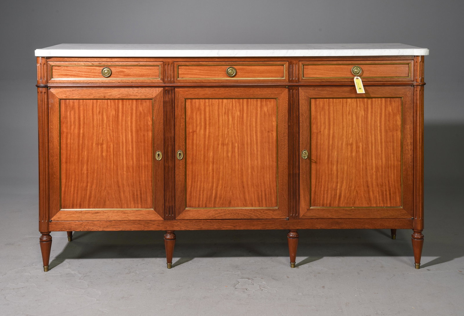 Louis XVI Style White Marble Top Sideboard: French Louis XVI Style White Marble Top Sideboard / Enfilade - 41.5 in tall x 73 x 20