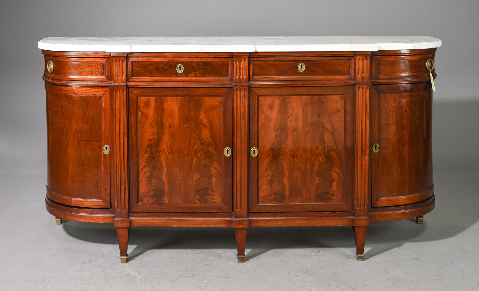 Louis XVI Style White Marble Top Mahogany Sideboard: Louis XVI Style White Marble Top Mahogany Sideboard / Enfilade with Curved Sides - 39.5 in tall x 80 x 21
