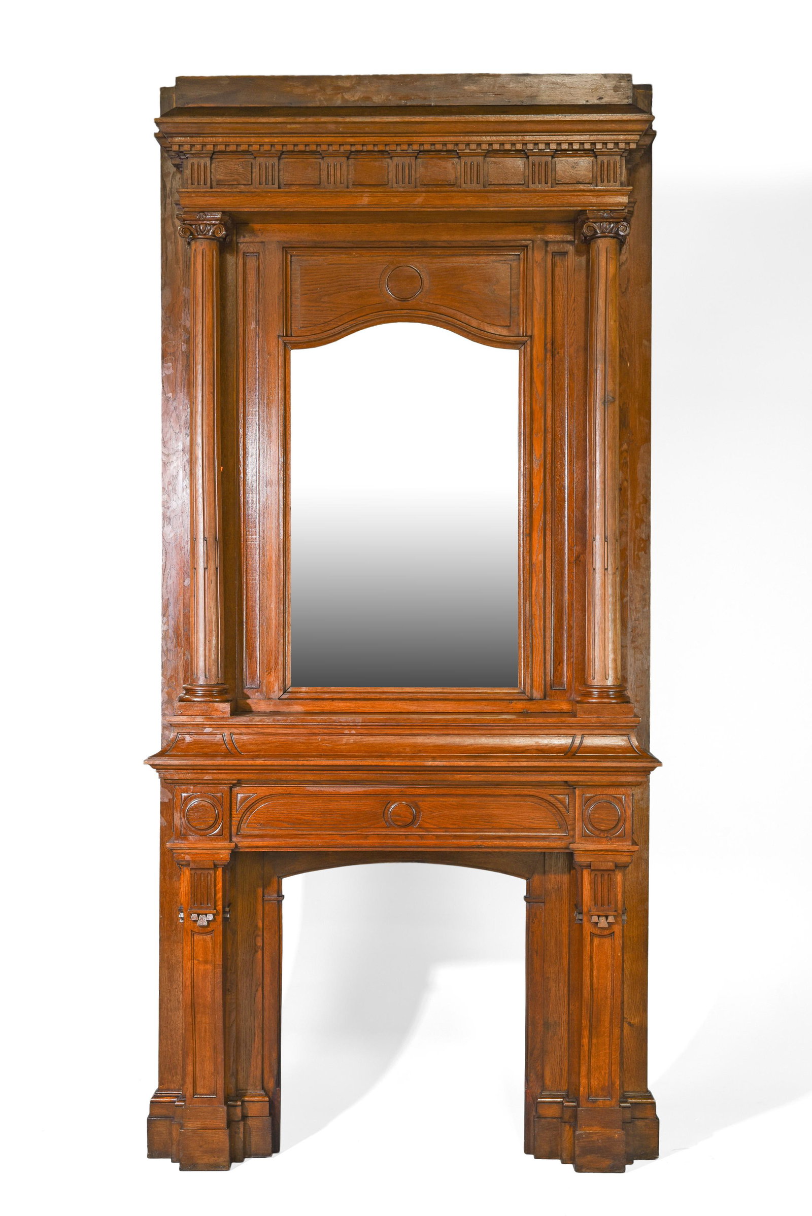 Monumental Oak Mirrored Mantle with Columns (1 of 4)