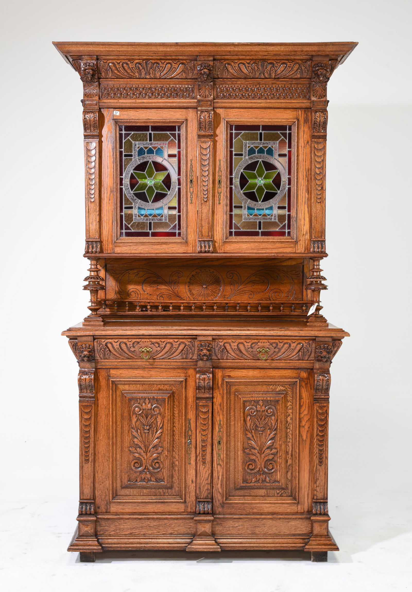 Henri II Style Oak Double Buffet with Stained Glass #1 (1 of 10)