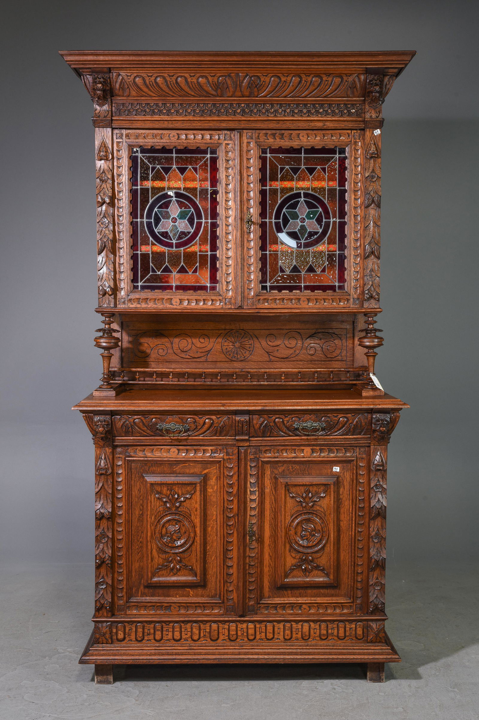 Henri II Style Oak Double Buffet with Stained Glass #2 (1 of 7)