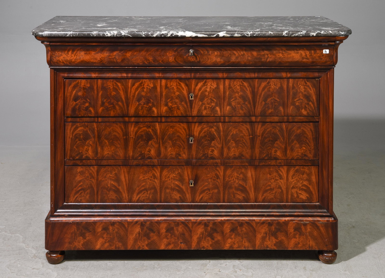 Louis Philippe Style Grey Marble Top Chest: French Louis Philippe Style Grey Marble Top Mahogany Chest - 38.5 in tall x 51 x 23.5