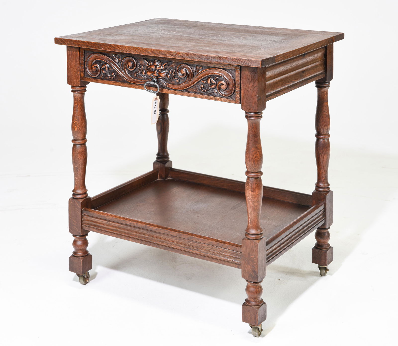 French Carved Oak Single Drawer Rolling Table (1 of 4)