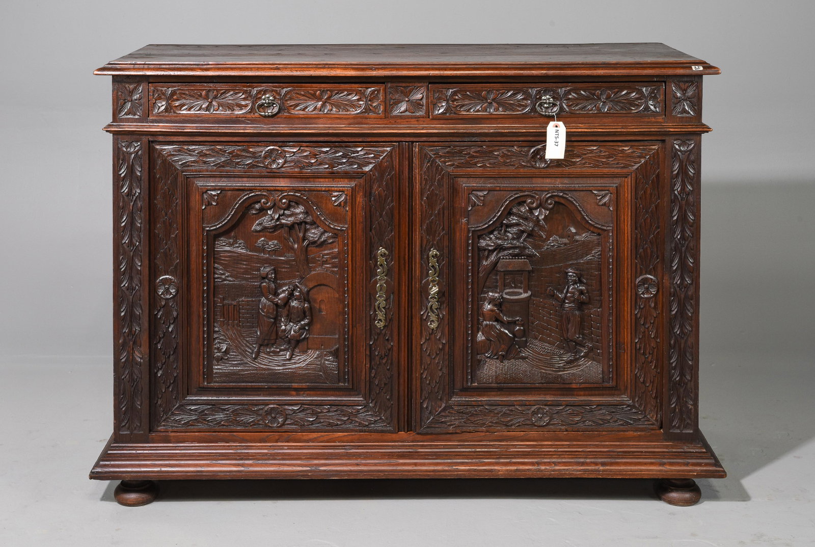 Carved Oak Breton Style Sideboard: French Carved Oak Breton Style Sideboard - 39.5 in tall x 55 x 20.5
