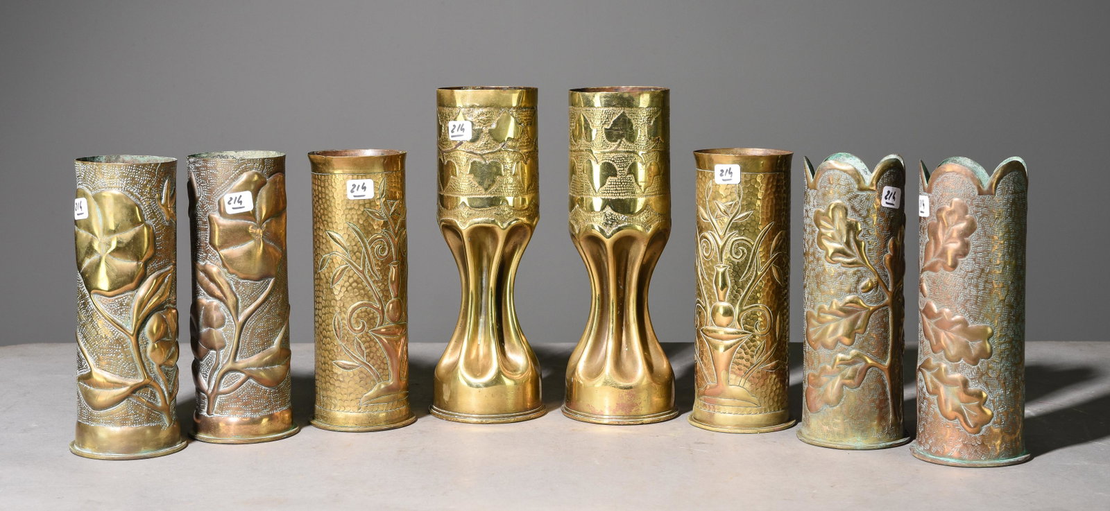 4 Pairs of Brass Trench Art Vases c.1915: 4 Pairs of Brass Trench Art Vases c.1915 - Tallest pair is 11 in tall x 3.5 inch diameter