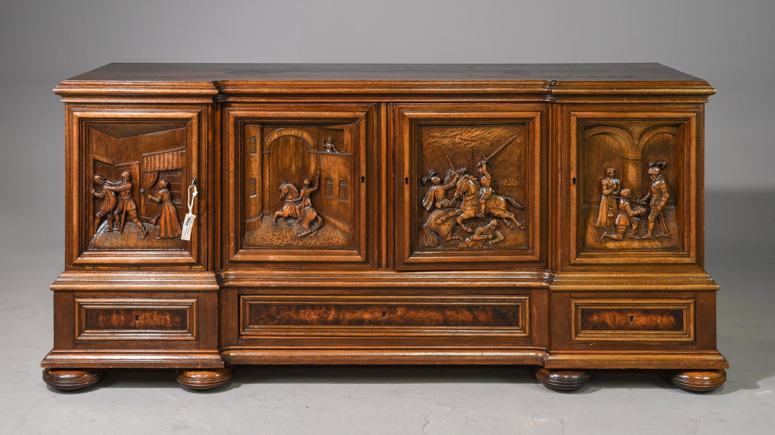 Danish Carved Oak Sideboard / Credenza: Danish Carved Oak Sideboard / Credenza with Figural Relief - 36.5 in tall x 77 x 25