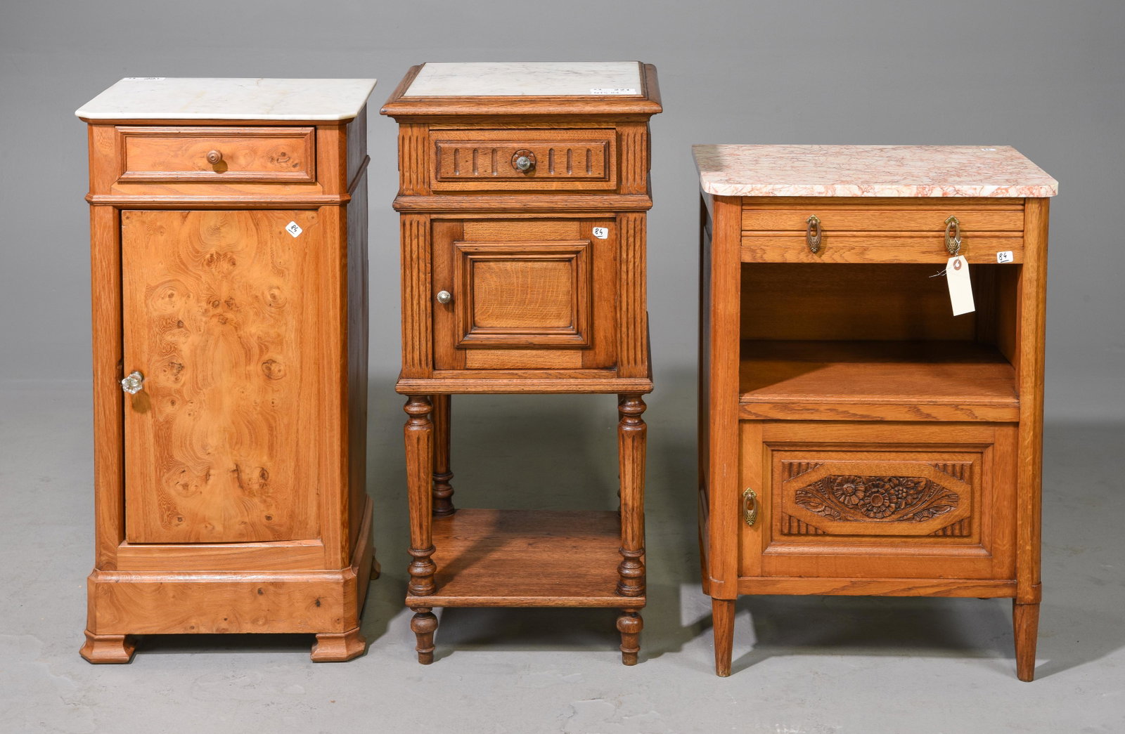 3 French Marble Top Nightstands / Pot Cupboards: 3 French Marble Top Nightstands / Pot Cupboards - Tallest is 34.5 in tall x 16 x 16