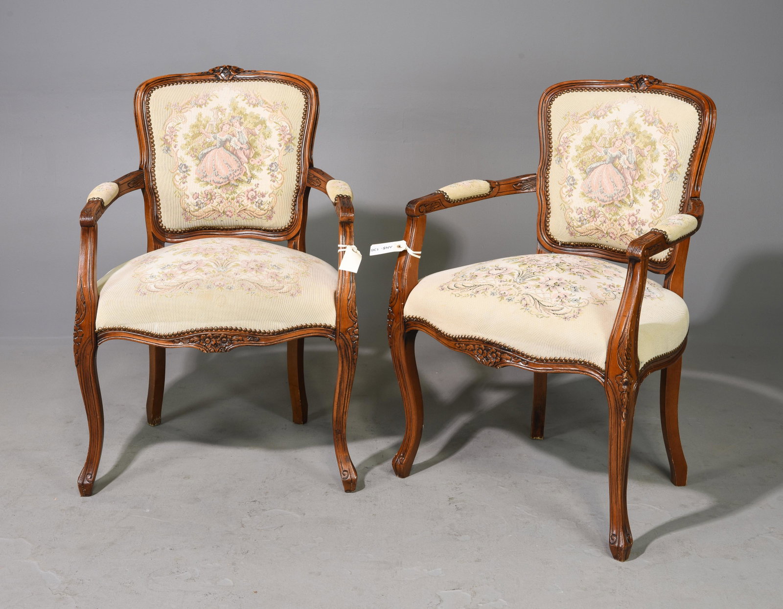 2 Louis XV Style Upholstered Arm Chairs: 2 Louis XV Style Upholstered Arm Chairs - 36 in tall x 24 x 19, Seat height is 18 inches