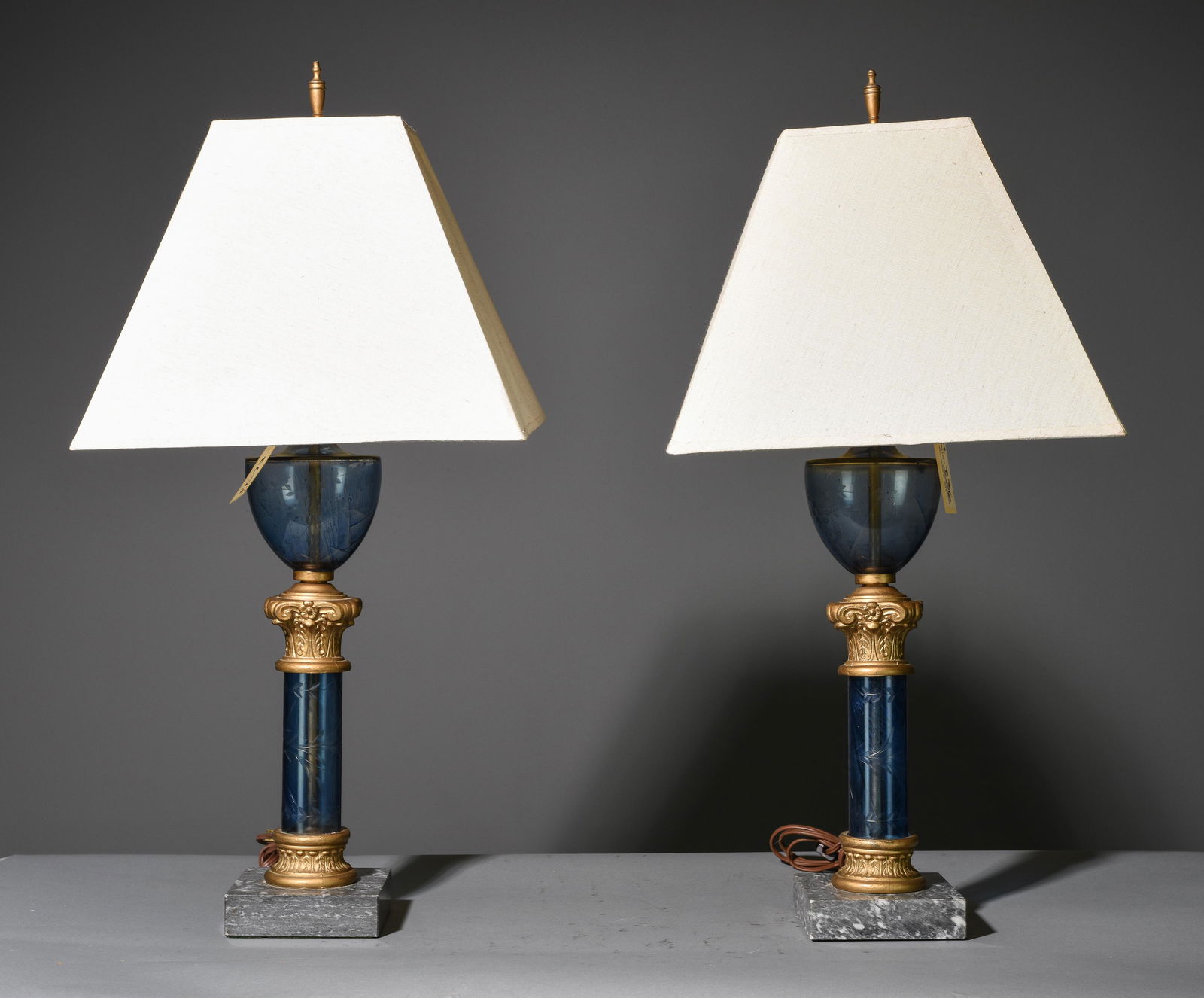 2 Empire Style Blue Glass Table Lamps with Shades (1 of 3)
