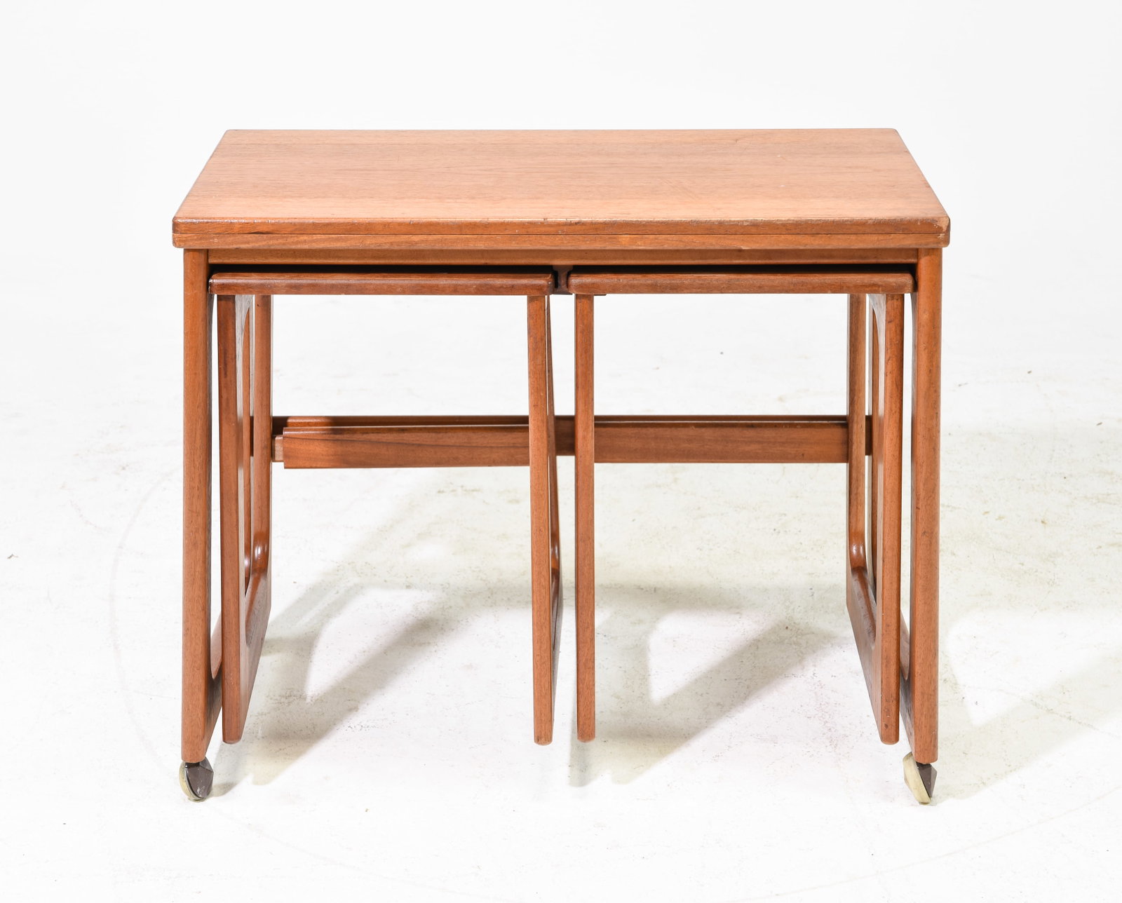 Mid Century Triform Flip Top Nest by Mcintosh: Danish Modern Style Teak Triform Flip Top Nest by McIntosh - 25 tall x 30 x 17 when closed - top is 32 in x 30 in when open