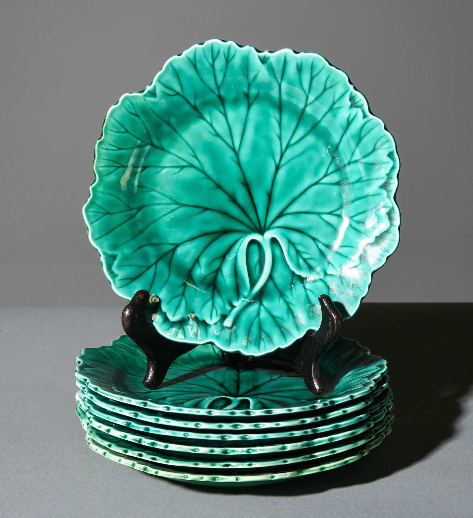 7 British Green Majolica / Cabbageware Plates (1 of 2)